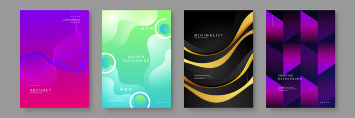 Fototapeta premium Set of four premium poster designs featuring particle waves fluid blobs gold ribbons and geometric gradients