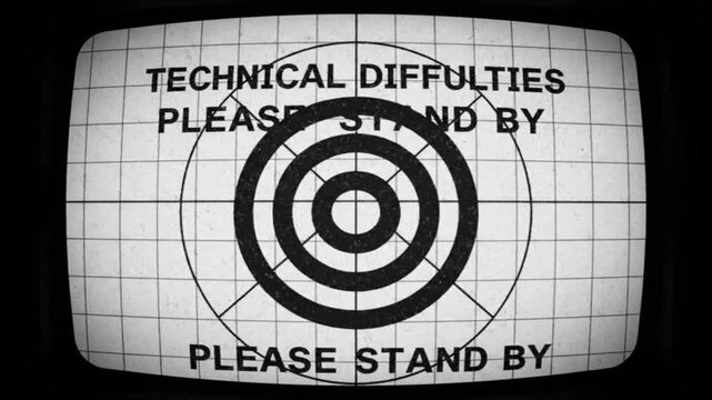 Retro television screen displaying 'Technical Difficulties Please Stand By' message with classic test pattern