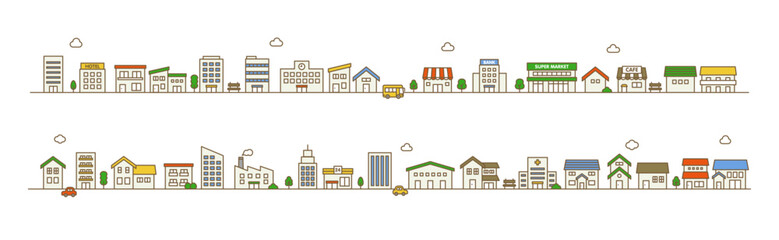 Two row town illustration in line style with houses and buildings