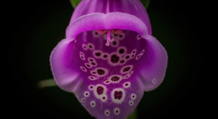 Fototapeta premium Deeply saturated magenta blossom interior displays intricate spotted markings against a dark backdrop
