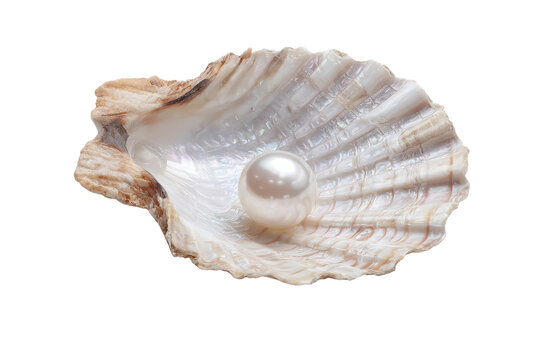 Single white pearl resting inside a textured seashell on black background oyster