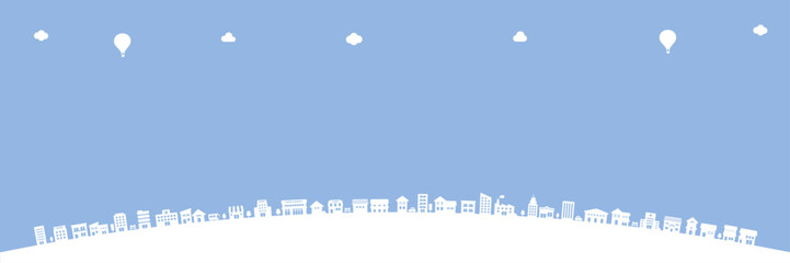 White town silhouette in arc layout on blue background with copy space