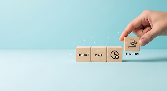 Hand Arranging Wooden Blocks with Marketing Mix 4ps Concept on Light Blue Background