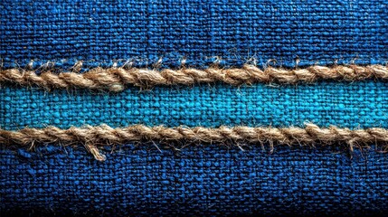 Macro shot of blue woven fabric with rope detailing