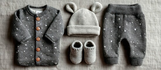 Soft baby clothes cardigan, pants, hat, and booties in shades of gray