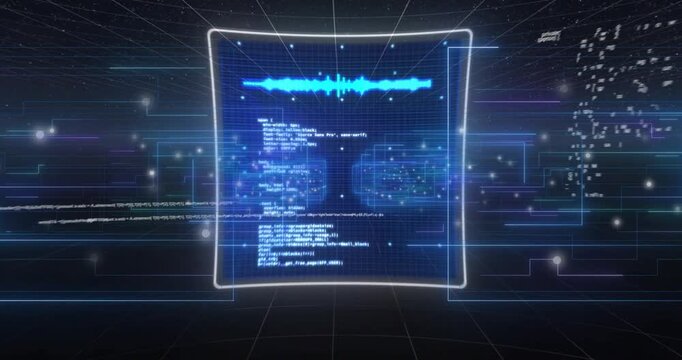 Dark grid initiating iris emerging, camera zooming in, radial HUD rotating to visualize analytics