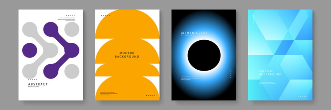 Four unique layouts including purple node connections yellow stacked semicircles a glowing blue eclipse and blue hexagonal layers