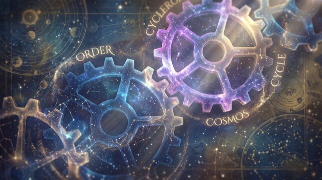 Celestial machinery with cosmic gears representing universal order and cycles.