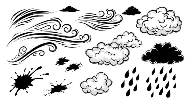 Weather elements illustration featuring clouds rain wind and ink splatters.