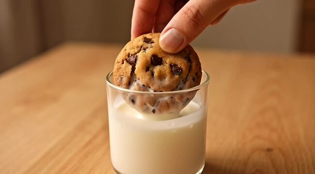 Close-up of a hand gently dipping a freshly baked chocolate chip cookie into a refreshing glass of cold milk, a classic sweet treat perfect for a comforting snack