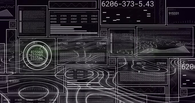 HUD appearing on load, panels populating, numbers cycling, green glow moving, visualizing metrics