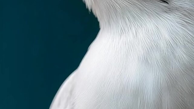 Close-up of a white birds neck and chest feathers against a dark blue background, showcasing the texture and softness of its plumage.