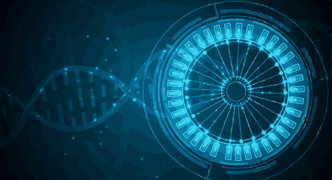 Futuristic dna helix structure with glowing blue circular data storage device in dark background representing genetic engineering