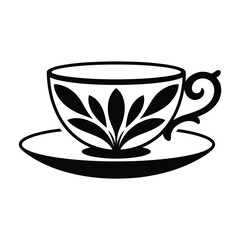 A black and white illustration of a teacup with floral designs