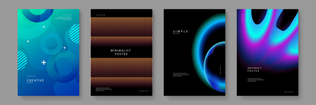 A premium set of four futuristic posters featuring fluid gradients glowing shapes and high contrast dark backgrounds