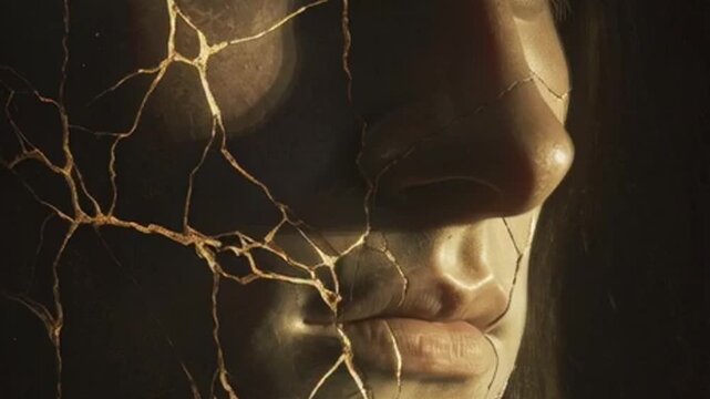 Cracked Human Face Sculpture with Golden Veins on Dark Background.