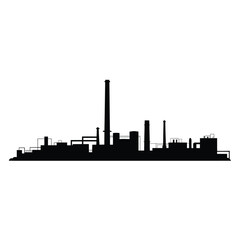 Silhouette of an industrial complex with smokestacks against a white background