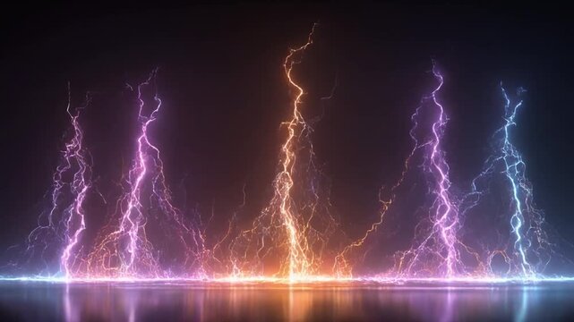 Several bolts of colorful lightning against a dark background, reflecting on a surface