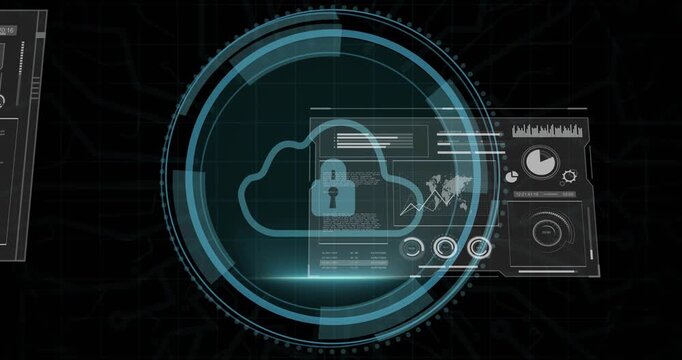 Shield glowing and Cyber Security glowing, HUD ring expanding, cloud lock centering, securing data