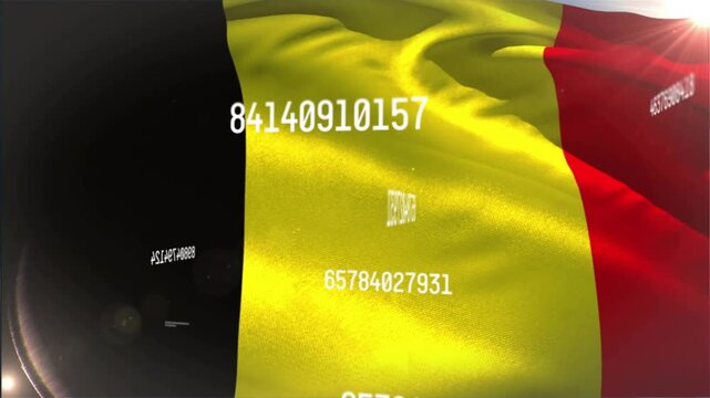 Waving tricolor flag on camera pan, white numbers orbiting and enlarging to visualize data