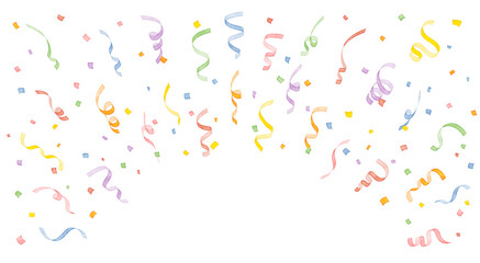 Watercolor confetti and curling ribbon background with lower center copy space