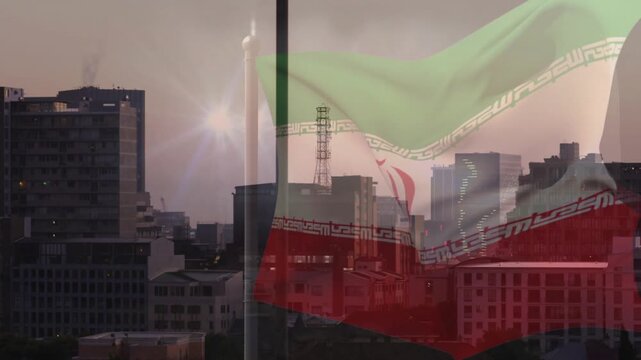Sun glare starting Iranian tricolor overlay, flag waving across dusk skyline, keeping city visible