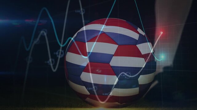 Patterned soccer ball sitting as cleat foot shifting and striking, sending ball right, wave pulsing