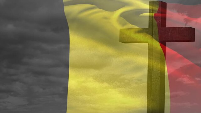 Vertical tricolour flag billowing from gusts, folding and showing wooden cross against overcast sky