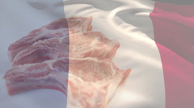 Tricolour overlay appearing, waving over rib chops, then revealing and obscuring meat for branding