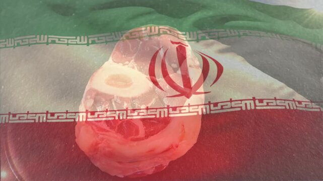 Iranian flag overlay appearing, rippling over mid bone crosscut showing symbol while camera panning