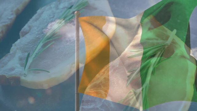 Flag appearing left, waving and rippling over food, revealing sheer stripes, showcasing pride