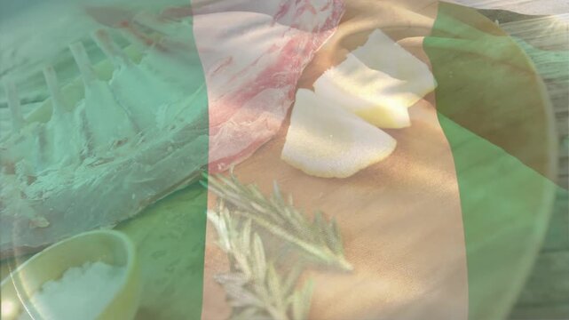 Green overlay sweeping across wood board, soft ripple starting reveal highlighting staged items