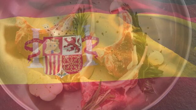 Spanish flag overlay appearing and waving skillet food shifting and zooming showing lamb for menu