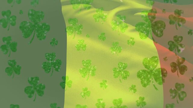 Central vertical flag-like panel rippling and shifting after gentle gust, sparkling shamrocks