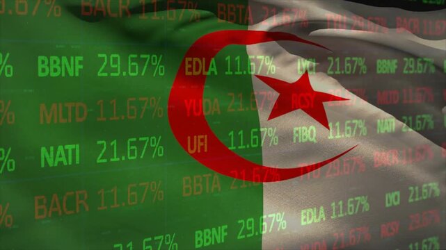 Algerian national flag rippling and folding as market ticker updates, visualizing stock movement