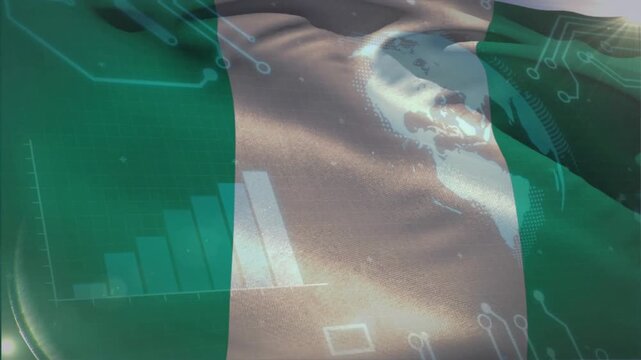 Waving Nigerian flag rippling from initial crease shift, projecting globe and UI icons warping