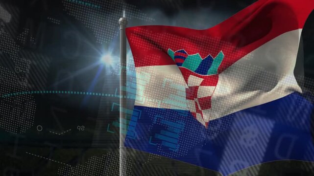 Lens-flare sparking, Croatian tricolor flag waving, crest highlighting and digital map shifting