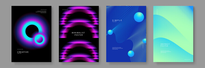 Collection of four modern posters featuring neon circles wavy lines and vibrant blue green gradients for contemporary decor © Badr Warrior