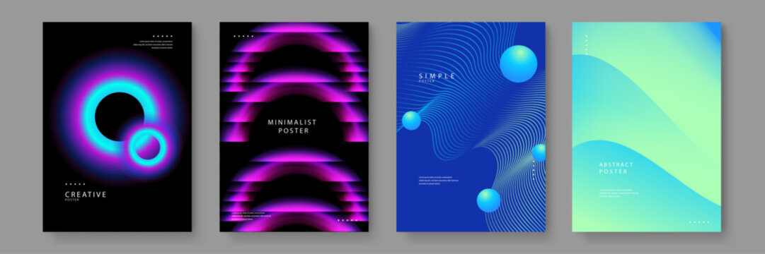 Collection of four modern posters featuring neon circles wavy lines and vibrant blue green gradients for contemporary decor