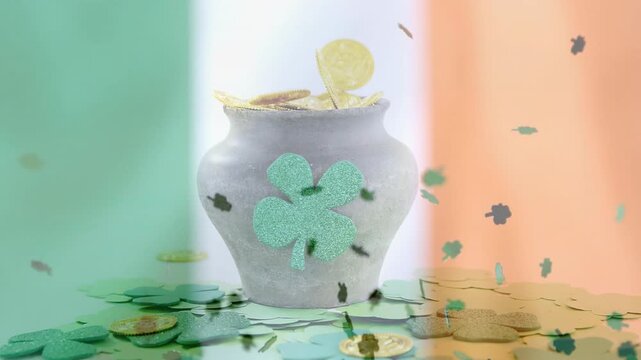 Gold coins dropping from above, tumbling into grey pot, clover confetti swirling, filling pot