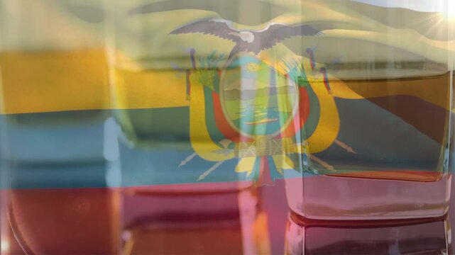 Camera panning left, glass stack with tricolor liquids aligning coat of arms overlay for emphasis