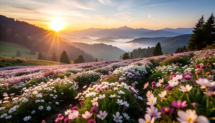 Obraz premium Beautiful sunrise over a vibrant field of pink and white wildflowers with misty mountains and rolling hills in the background.