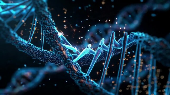 Abstract 3D rendering of a DNA helix, symbolizing genetics, biotechnology, and scientific research in a digital space
