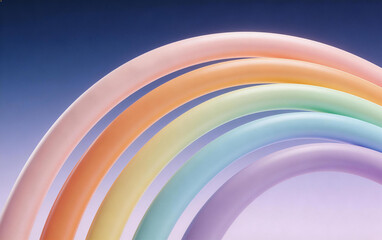 Naklejka premium Abstract composition of pastel rainbow-colored curved arches against a gradient blue background, showcasing vibrant, smooth, and colorful shapes in a modern artistic style.