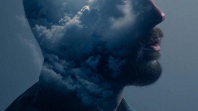 Mans Profile with Clouds Double Exposure Representing Deep Thoughts.