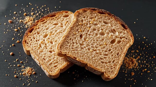 Two slices of toasted whole wheat bread on dark background