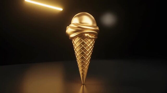 Luxury golden ice cream cone in 3D animation, realistic food design with metallic gold finis