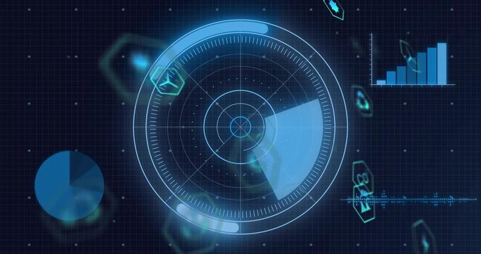 On load central HUD radar rotating sweep, hex icons orbiting, bar chart rising, scanning live data