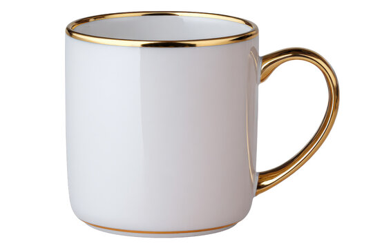 White ceramic mug with gold rim and handle isolated PNG with Transparent Background