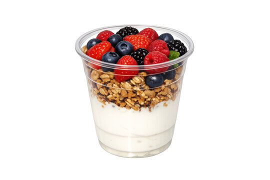 Yogurt parfait with granola and fresh berries, transparent background